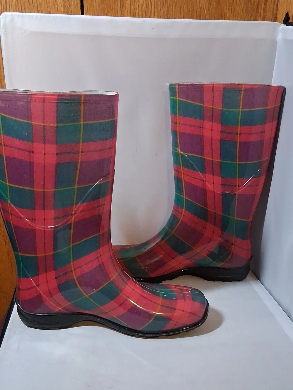 Plaid rain or garden boots, size 9